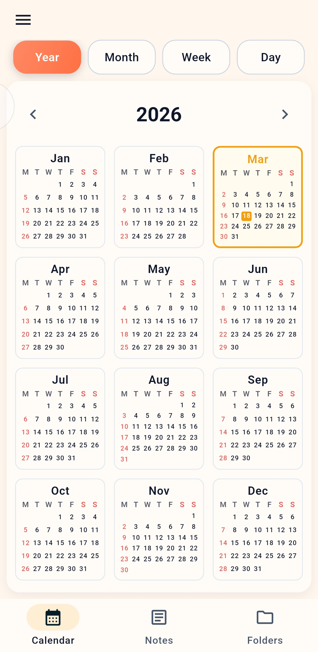 Year view in PenDate Notes