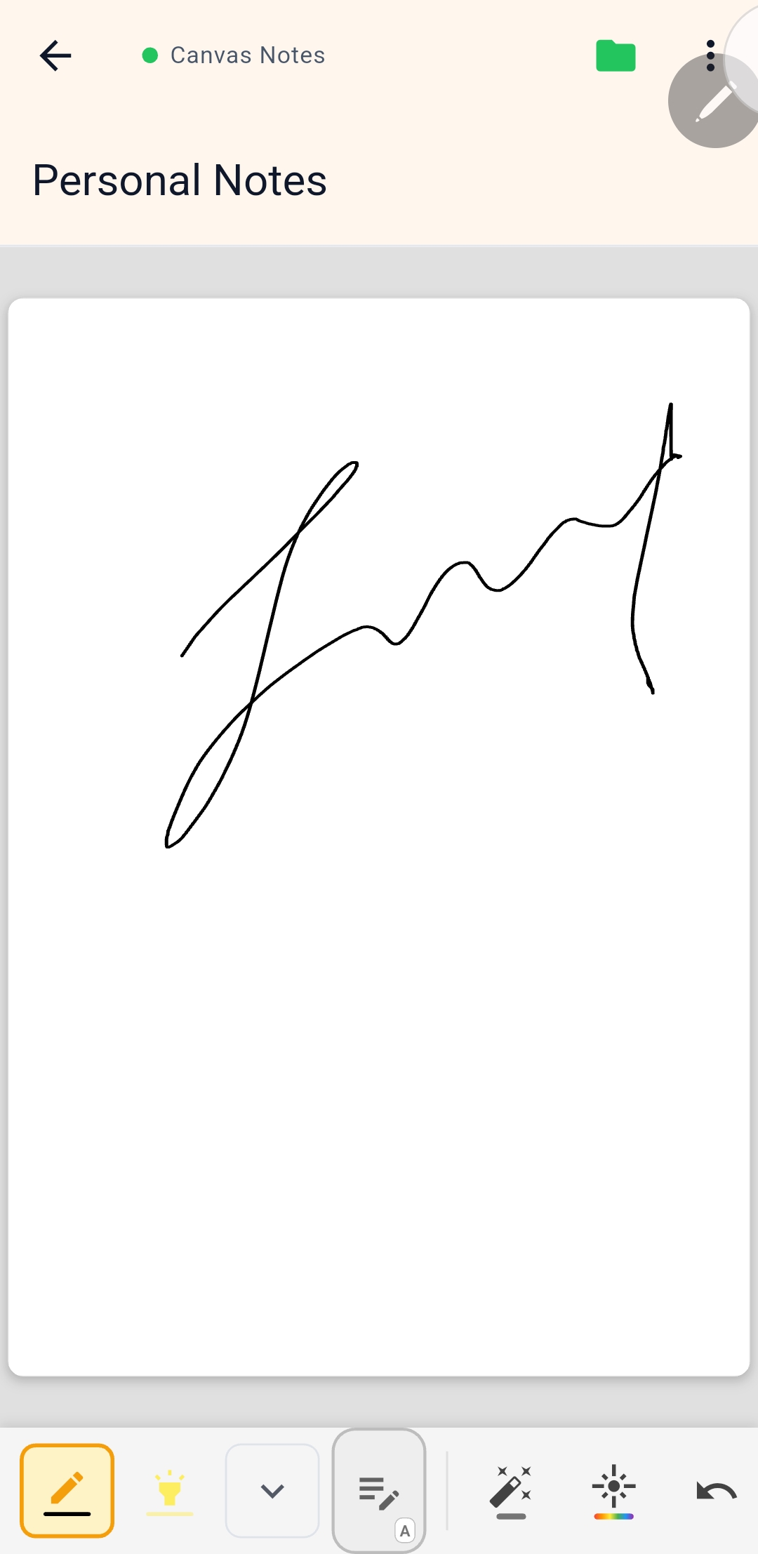 PenDate Notes canvas note with handwriting tools