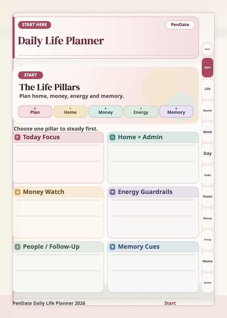 Página inicial del Daily Life Planner, con la distribución de pilares de vida y zonas para escribir